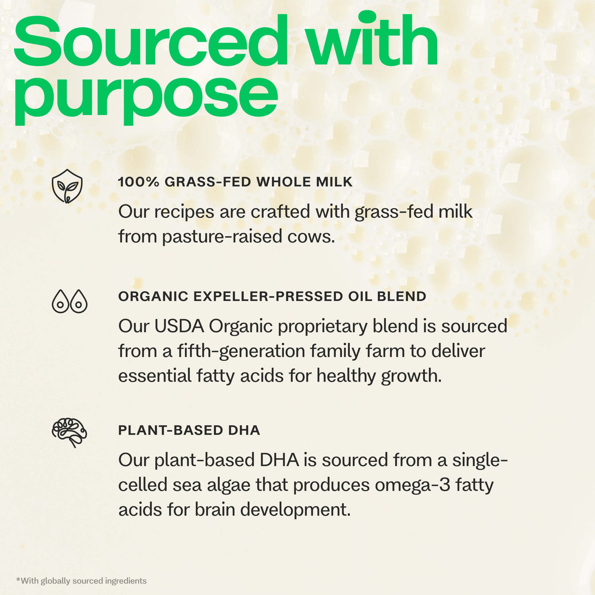Text detailing the sourcing of ingredients in a product, including grass-fed milk, organic expeller-pressed oil blend, and plant-based DHA.
