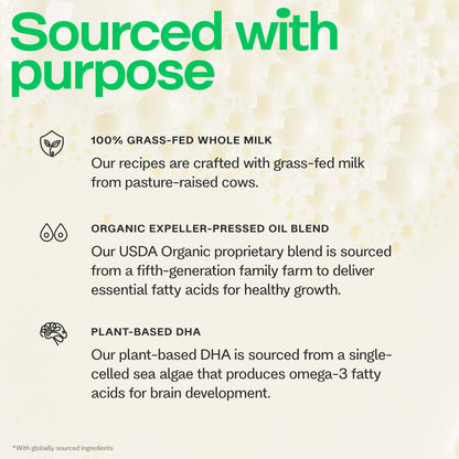 Text detailing the sourcing of ingredients in a product, including grass-fed milk, organic expeller-pressed oil blend, and plant-based DHA.