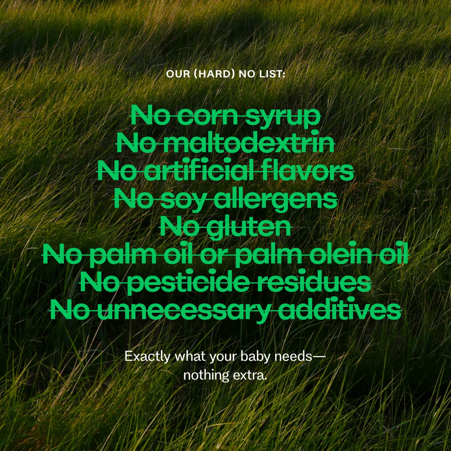 Bobbie brand text on a grassy background with a no list of food additives.