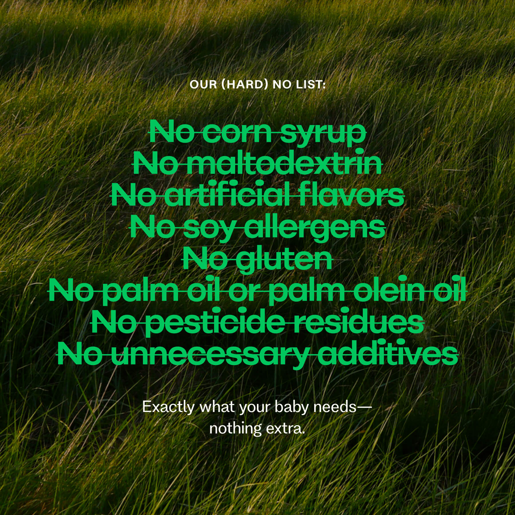 Bobbie brand text on a grassy background with a no list of food additives.