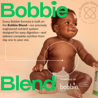 Advertisement for Bobbie Blend with a baby and product packaging on a beige background