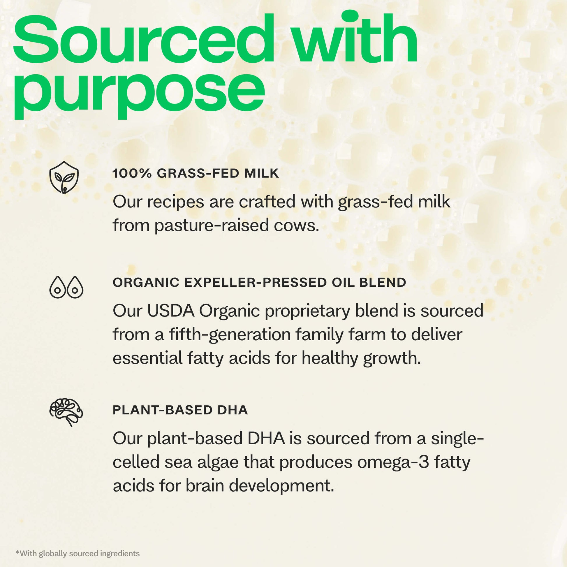 Text detailing the sourcing of ingredients in a product, including grass-fed milk, organic expeller-pressed oil blend, and plant-based DHA.
