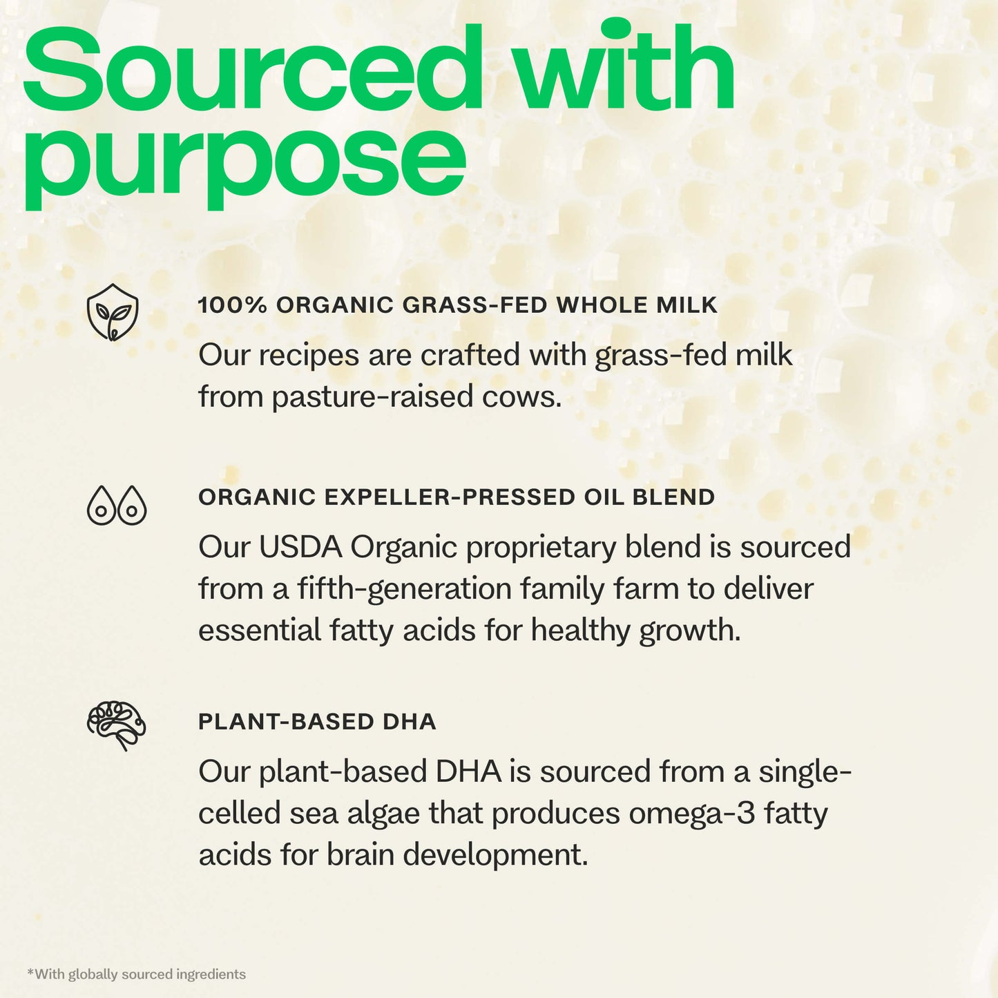Text detailing organic and sourced ingredients.